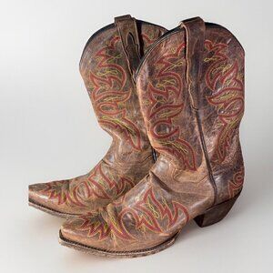 French’s Womens Cowboy Boots Size 8.5 Leather embroidered, red and yellow